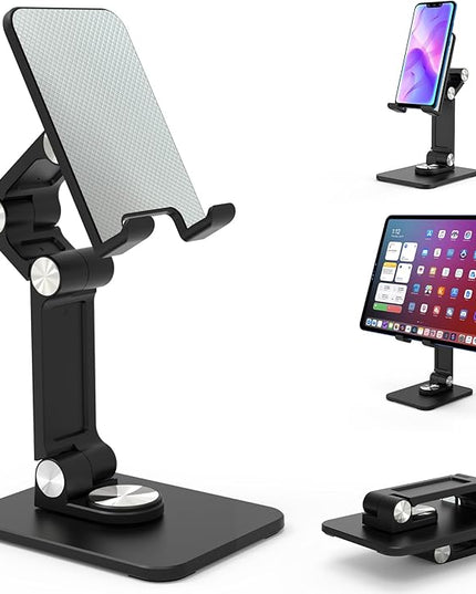 Jusanice 360 Rotating Cell Phone Stand,Folding Phone Stand,Adjustable Height and Angle Foldable Cell Phone Stand Holder for Desk, Taller iPhone Stand Compatible with iPad Smartphones Tablet (Black)
