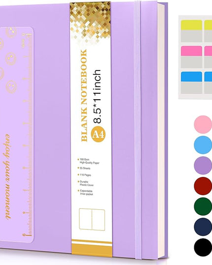 Blank Spiral Notebook Journal 8.5” x 11”, A4 Large Sketch Book for Women Men, 100 GSM Blank Paper Drawing Notebook, Plastic Hardcover Spiral Bound Sketchbook for Sketching Work School Writing, Purple