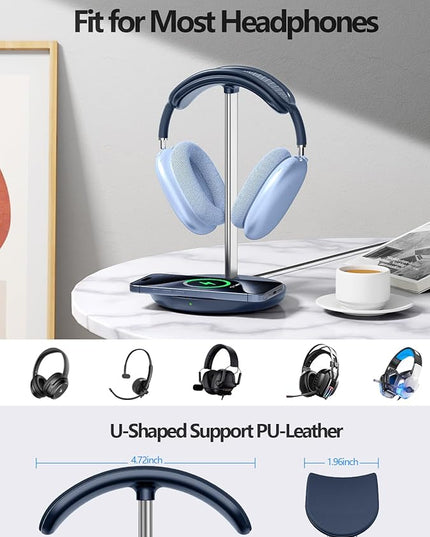 Miroddi Headphone Stand with Wireless Charger, Independent USB Charging Port, 5 in 1 Charging Station Headset Holder Rack for iWatch, iPhone, Samsung and Desk All Headphones, Dark Blue