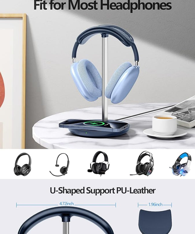Miroddi Headphone Stand with Wireless Charger, Independent USB Charging Port, 5 in 1 Charging Station Headset Holder Rack for iWatch, iPhone, Samsung and Desk All Headphones, Dark Blue