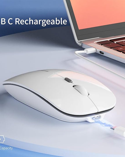 Uciefy Q5 Slim Rechargeable Wireless Mouse, 2.4G Portable Optical Silent Ultra Thin Wireless Computer Mouse with USB Receiver and Type C Adapter, Compatible with PC, Laptop, Notebook, Desktop White