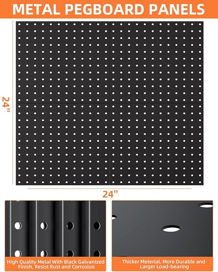 INCLY 4 Pack 12"x12" Black Metal Pegboard Panels, Heavy Duty Pegboard Wall Organizer with Frame, Black Peg Board for Walls, Garage, Workbench, Shed, Kitchen, Craft Room Tool Organization