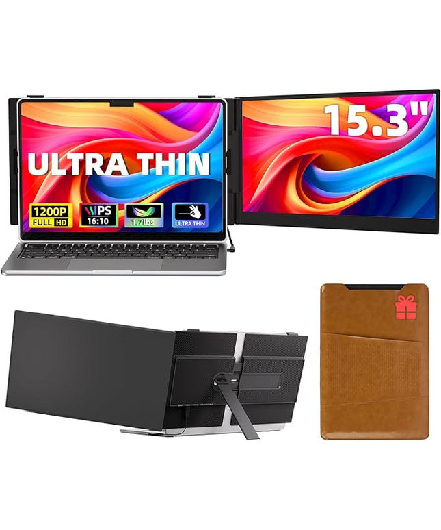 15.3" Laptop Screen Extender, Ultra-thin Portable Monitor FHD 1080P IPS, Dual Screen Extra Travel Monitor for Laptops 13-17" with USB-C/HDMI Port, Plug & Play for Windows/Mac/Android/Switch/PS