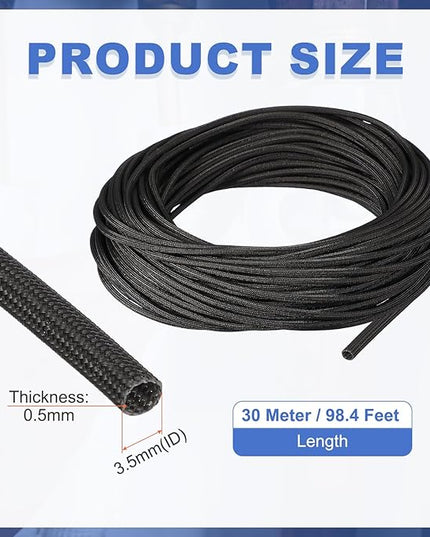 uxcell Insulation Cable Protector,3.5mm/0.14 Inch-30m/98 Feet High Temp Fiberglass Sleeve Black