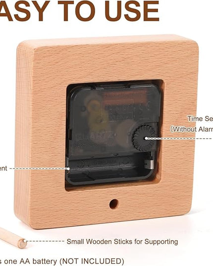 Kattepote Wooden Table Clock on Stand, Decorative Battery Operated Desk and Shelf Clock, Silent Non-Ticking Desktop Clock for Office, Living Room or Bedroom Decor, Square Shape, Beech Wood