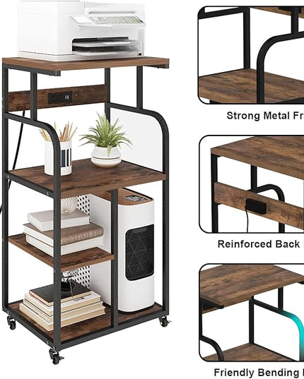 VEDECASA Large Printer Stand Cart with Charging Station USB Port 21.2"x15.7"x42.3" Rolling Tall 3-Tier Printer Stand with Adjustable Shelf Storage Home Office