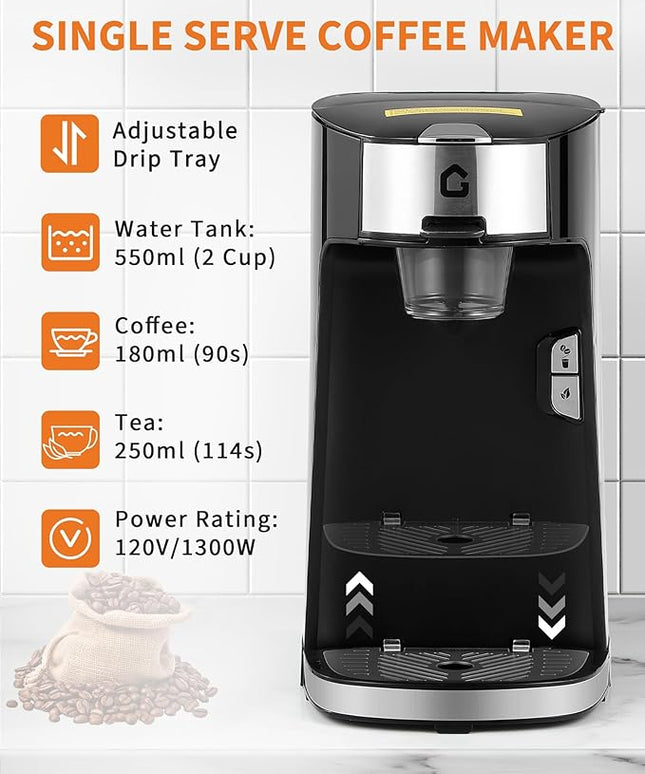IDEALHOUSE Single Serve Coffee Maker, k Cup Compatibility, Auto Shut Off, Adjustable Tray, One-Button Fast Brew, 18.6 Oz Water Tank for Capsule, Ground & Tea, for Home, Office