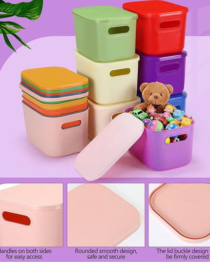 Thyle 12 Pack 7 Quarts Plastic Storage Bins for Christmas Storage with Lids Handles Colorful Stackable Desktop Box Bins with Label for Shelf Drawer,10 x 7 x 6 Inch (Vivid Color)