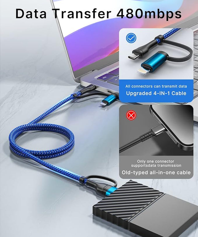 XUDUO 4 in 1 Charging Cable Fast USB C Cable Type C Charger 60W Lightning Cable Adapter USB C to USB C Cable for iPad Charger Fast Multi Charging Cord Fits iPhone 17 16 15/15 Pro/15 Plus/14 Pro Max
