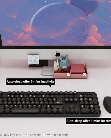 Wireless Keyboard and Mouse Combo, Cute Full Size 104-Key Typewriter Retro Round Keycaps Keyboard for PC Laptop,Windows,Desktop,Perfer for Home and Office Keyboards (Black)