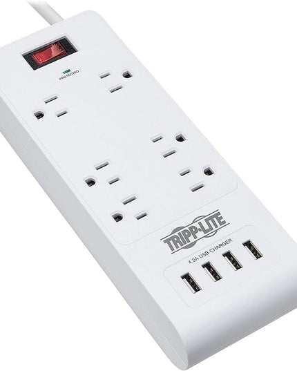 Tripp Lite 6 Outlet Surge Protector Power Strip 4 USB Ports 4.2A Fast Charge, 15 ft. Cord 900 Joules, White, (TLP64USBRA15)