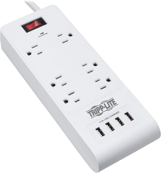 Tripp Lite 6 Outlet Surge Protector Power Strip 4 USB Ports 4.2A Fast Charge, 15 ft. Cord 900 Joules, White, (TLP64USBRA15)