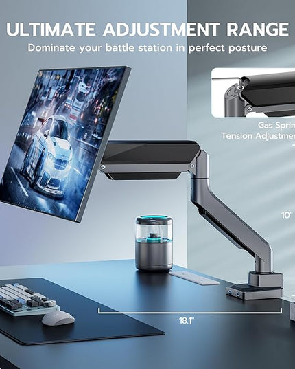 ARES WING Single Monitor Arm, Heavy Duty Adjustable Monitor Arm for 13"-49" Screens with USB, Gas Spring Desk Mount Stand with C Clamp/Grommet Mounting Base up to 40lbs Computer, Gray
