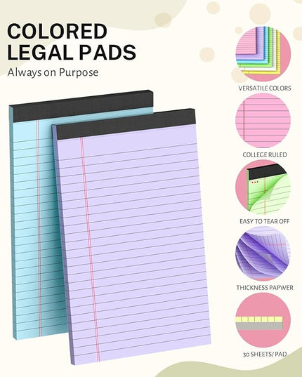 24 Pack Note Pads 5x8, Narrow Ruled Legal Pad, Multicolor Small Notepads, 30 Sheet/Notepad, Colored Lined Paper, Pink Legal Pad, Purple Notepad, Perforated Lined Note Pads for College, Office, Home