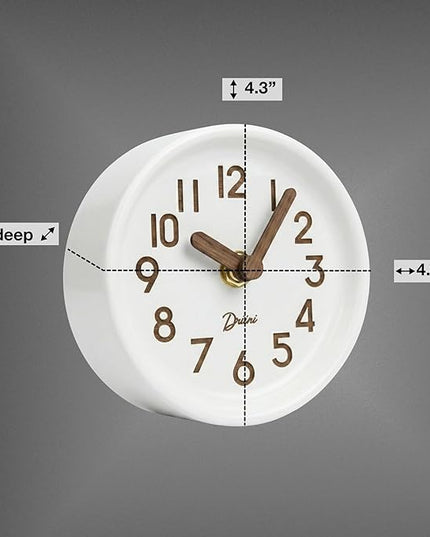 Driini Wooden Analog Desktop Clock – 4.3 in. Decorative Pinewood, No-Tick Design – Easy to Read Silent Sweep Mantle Clock – Quiet Tabletop Clocks with Wood Body, Hands, & Battery Cover; White