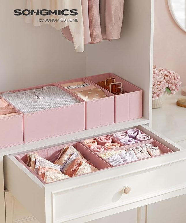 SONGMICS Drawer Organizers, Dresser Divider Organizers, Set of 12, Foldable Fabric Storage Boxes for Socks, Underwear, Bras, Ties, Scarves, Jelly Pink URDZ006R01