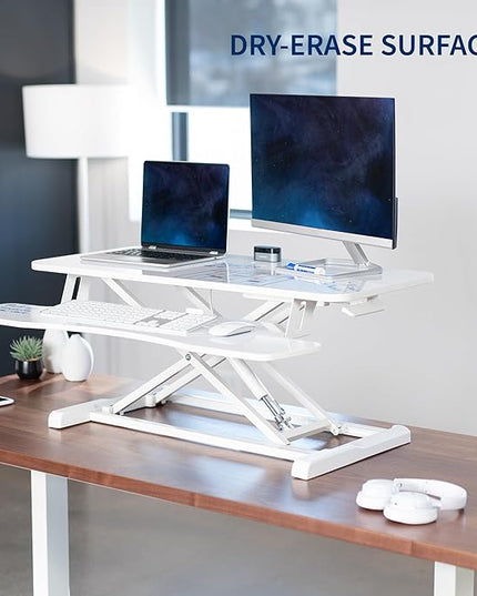 VIVO 36 inch Desk Converter, K Series, Height Adjustable Sit to Stand Riser, Dual Monitor and Laptop Workstation with Wide Keyboard Tray, White Dry Erase, DESK-V036KWE