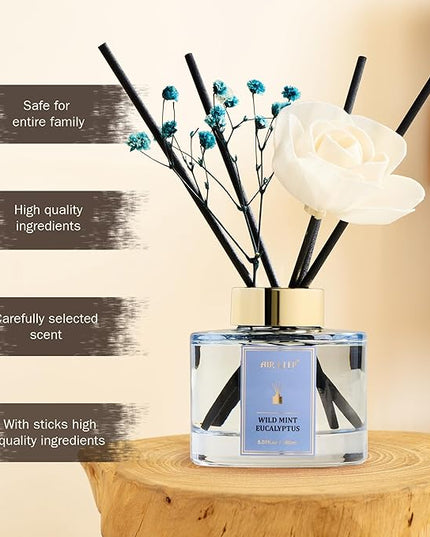 Airkeep Flower Reed Diffusers Set, 5.07 oz Wild Mint&Eucalyptus Scented Oil Diffuser with 8 Reed Sticks, Home Fragrance Diffuser Gift Set for Bathroom & Office Decor 150ml