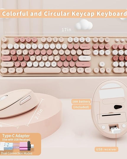 Wireless Keyboard and Mouse Combo, Ergonomic Full Size Typewriter Retro Round Keycaps Keyboard, Compatible with Windows, PC, Perfer for Home and Office Keyboards (Chocolate Color)
