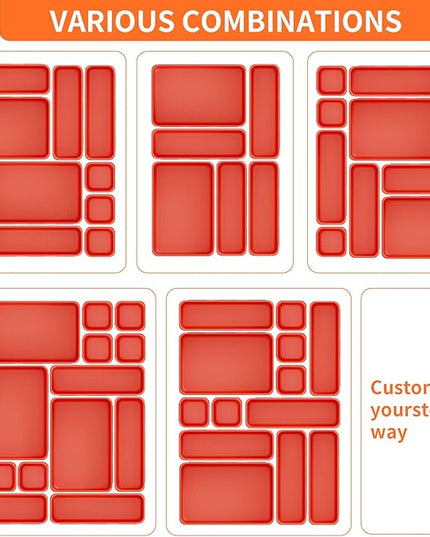45 Pack Desk Drawer Organizer Tray, 3 Sizes Plastic Drawers Organizer Storage for Kitchen, Bathroom, Office, Vanity, Makeup, Utensils, Junk Drawer Organizer Bins, Gadget Trays for Organizing, Red
