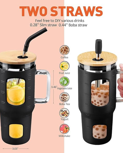 Glass Tumbler with Lid, 32 oz Glass Cup with Handle, Glass Water Bottles with Time Marker, 2 Straws - Pearl Straw & Silicone Protective Sleeve - Black