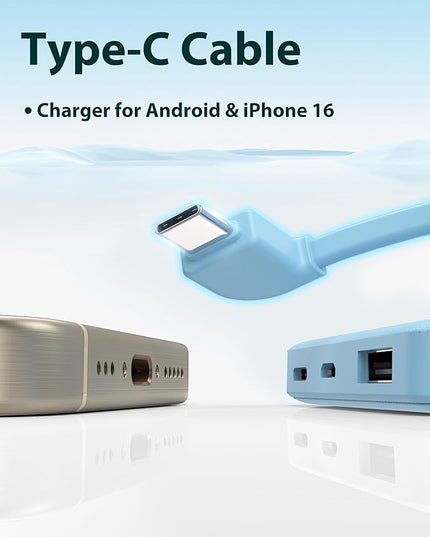 6000mah Ultra Slim Built in Cables Power Bank, Card Size Built in USB C Cords Battery Pack Portable Charger for Phones, 3 Output External Battery Pack Compatible with iPhone, Blue