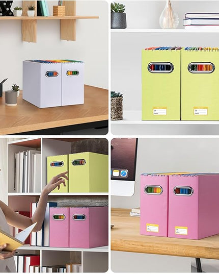 BALEINE File Organizer Box, Cardboard File Folder Organizer with Handle for Letter Size, Portable Collapsible Hanging Filing Box for Home Office Document Storage (2 Pack, Yellow)