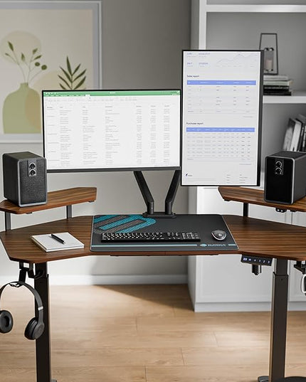 EUREKA ERGONOMIC Aero 55 Inch W Shaped Electric Standing Desk, Height Adjustable Computer Gaming Desk with LED Monitor Shelf, Mouse Pad, Headphone Hook, Cup Holder, Dark Walnut