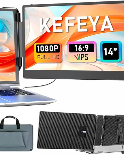 KEFEYA Laptop Screen Extender, 14" Portable Monitor for Laptops 13-17", 1080P FHD IPS Monitor Extender for Laptop with USB-C/HDMI Port, Plug n Play for Windows/Chrome/Mac/Switch/PS5