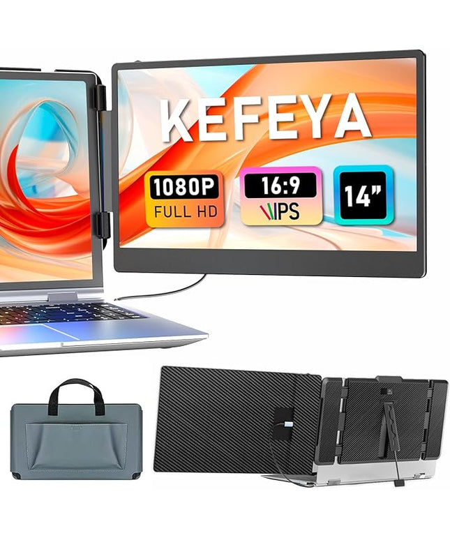 KEFEYA Laptop Screen Extender, 14" Portable Monitor for Laptops 13-17", 1080P FHD IPS Monitor Extender for Laptop with USB-C/HDMI Port, Plug n Play for Windows/Chrome/Mac/Switch/PS5