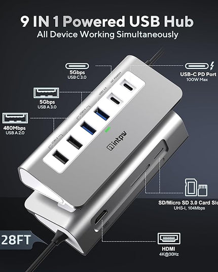 P9 USB C Docking Station, intpw 9-in-1 USB C Hub with 4K HDMI, PD 100W, 3 Type A/C 3.0 5Gbps, 2 Type-A 2.0, SD/TF, Aluminum USB Hub for Laptop,MacBook, iPad, iPhone 17 Series