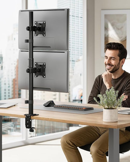 monTEK Stable Vertical Dual Monitor Mount, Stacked Desk Stand for Two 17-32 inch Screens, Full Motion Arm with Tilt, Swivel, Rotation, Supports 22 lbs per Arm, C-Clamp/Grommet Base, VESA 100×100mm Max