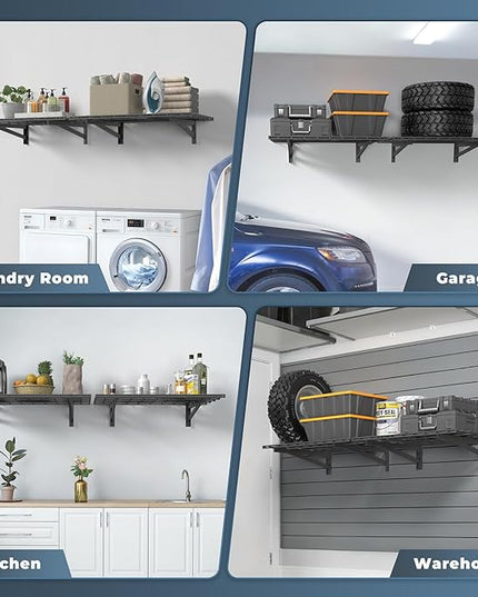 2 Pack Heavy Duty Garage Wall Shelving Set, 2x3ft, Black, Wall Mounted, Traditional Style, 2 Shelves, 700lbs Capacity