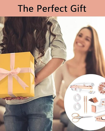 suniya Office Supplies,Desk Accessories,with Stapler,Tape Dispenser,Staple Remover,Scissor,Ballpoint Pen,Clear Tape,Staples,Binder,Best Gift Set(Rose Gold)