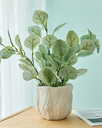 AlphaAcc 12.6" Artificial Plant Eucalyptus in White Embossed Ceramic Pot Lifelike Faux Plants Decorative Fake Greenery for Home Kitchen Bathroom Bedroom Office Desk Bookshelf Indoor Tabletop Decor