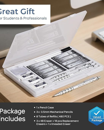 Nicpro 3 Pack Blocky Gear 0.5 mm Metal Mechanical Pencils Set with Case, Lead Drafting Pencil with 8 Tube (480PCS) Lead Refills(HB 2B), 4 Erasers, 18 Eraser Refills for Art Writing, Sketching Drawing