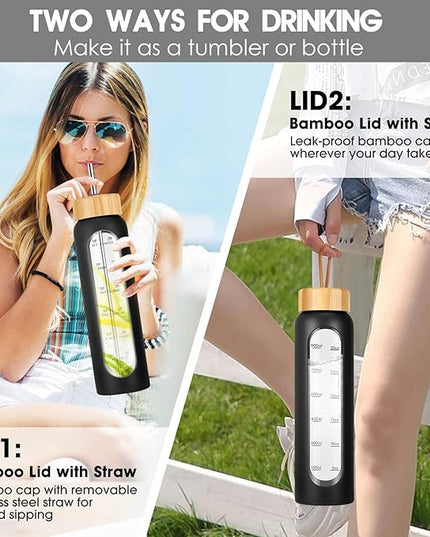 32 oz Glass Water Bottle with Straw - Motivational Time Marker & Silicone Sleeve - Reusable Tumbler Includes 2 Bamboo Lids & Fruit Infuser - 1 Pack