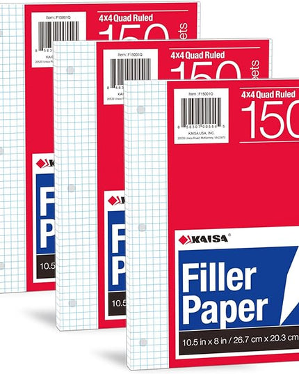 KAISA Graph Paper Filler Paper, 8"x10.5" 4x4 Graph/Quad Rule Filler Paper 3-Hole Punched 1/4inch Grid Paper Loose-Leaf Paper for 3-Ring Binders,150sheet/pack, 3pack F15001Q