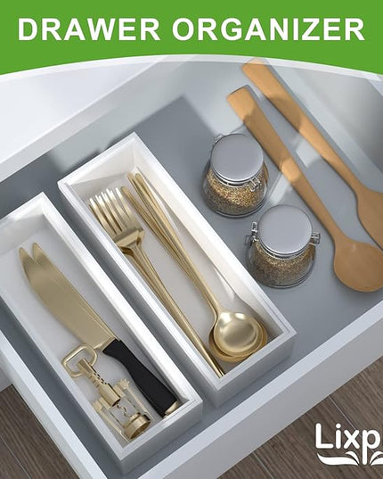 Utensil Organizer Silverware Drawer Organizer - Set of 2, Stackable Kitchen Organization, Bamboo Storage Box Tray for Kitchen Gadgets Bathroom Countertop (White)
