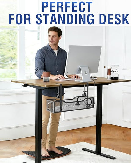 Under Desk Cable Management Tray, GZOKMOG Cord Management with Upgraded Clamp No Drill, Metal Cable Management Box for Home Office, Wire Management for Standing Desk, 2 Pack Black, 13.38 inch