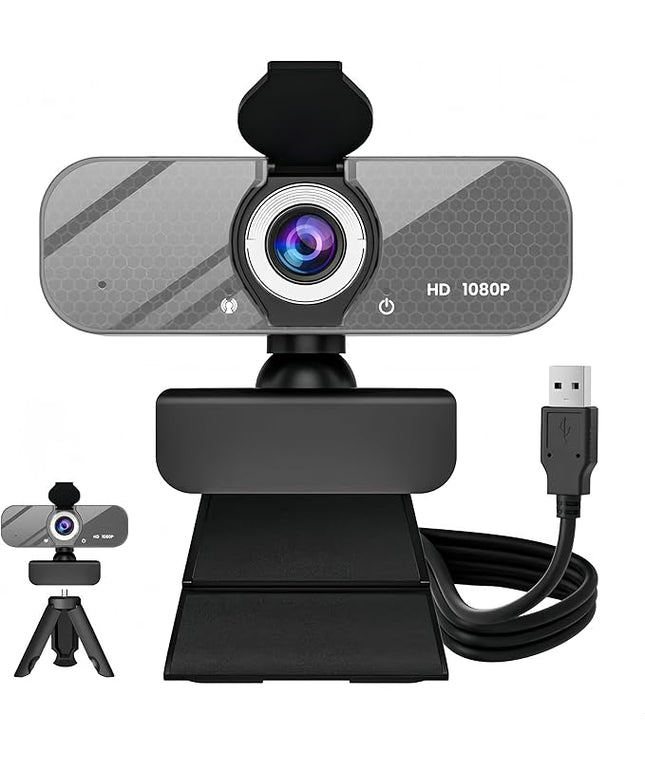 1080P HD Webcam with Built-in Microphone, Rotatable Tripod, Wide-Angle Lens,Privacy Cover, Auto Light Correction, Plug & Play USB-A Webcam for Laptop, Desktop, PC, Streaming-Gray