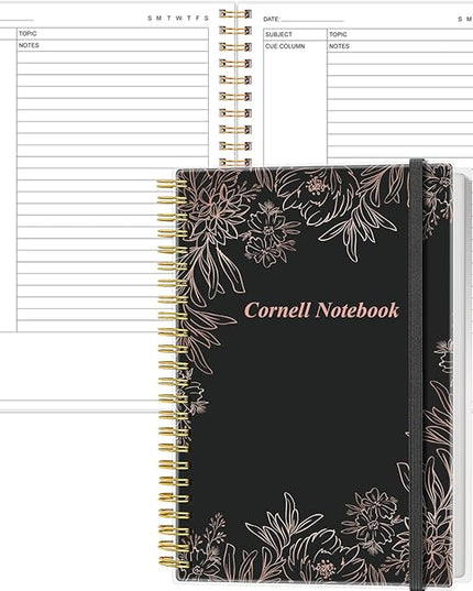 Yaridar A5 Cornell Notes Notebook - College Spiral Cornell Notebooks for Note Taking, Subject College Ruled Steno Pads for Office/School/Home, 5.8" x 8.5", Black Flower