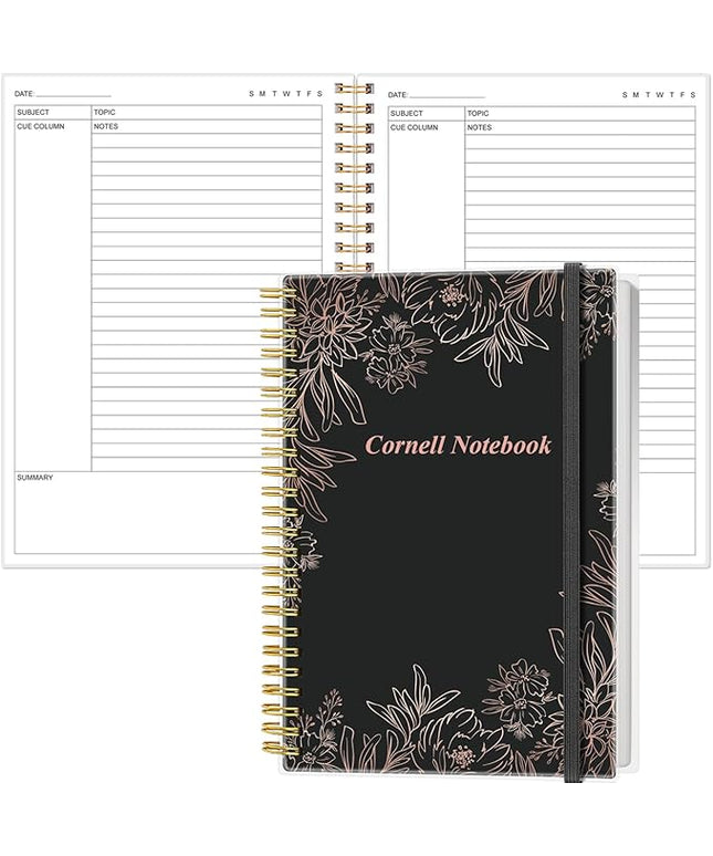 Yaridar A5 Cornell Notes Notebook - College Spiral Cornell Notebooks for Note Taking, Subject College Ruled Steno Pads for Office/School/Home, 5.8" x 8.5", Black Flower
