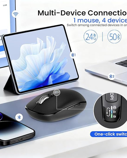 Wireless Bluetooth Mouse,USB+BT×2,Multi Device Ergo Full Size Mouses-big Hand,Metal 4-Way Super Scrolling,± 3000 DPI,10 Buttons,Plug&Play,Quiet,w/ 2 Batteries,Mice for Laptop,Computer,Tablet,Mac,iPad