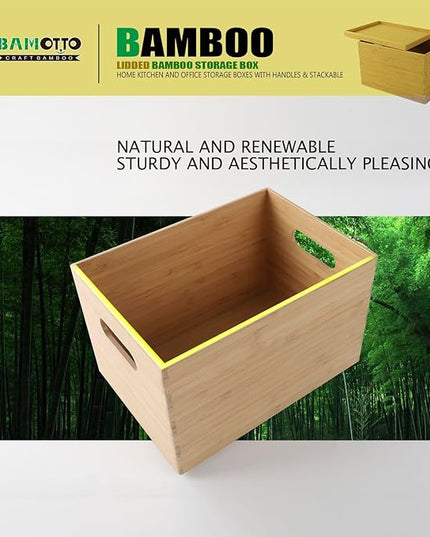 BAMOTTO Lidded Bamboo Storage Bins & Box/Cube/Basket, Home Kitchen and Office Storage Boxes with Handles & Stackable for Organizer Tableware, Clothing, Toys, Office Shelf Books, 10.2”x7.3”x6.5”