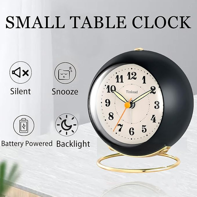 Tinload Analog Alarm Clock, Retro Simple Design Small Desk Clock with Manual Light, Battery Operated, Snooze, for Kids,Bedroom,Travel,Kitchen,Bedside Desktop(Black)