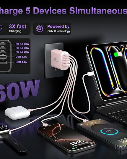 USB C Fast Wall Charger Block, 2Pack 60W USBC Charging Cubes, 5-Port PD+QC Power Adapter Multiport Brick Type C Box Plug for Phone 16/15/14/13/12/11/Pro Max/Plus, Pad Mini/Pro/S25/S24-Pink