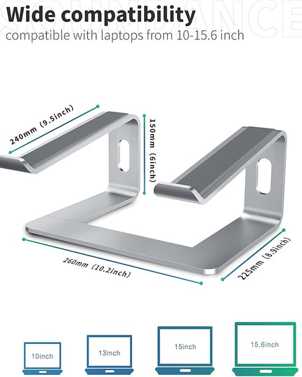 SOUNDANCE Laptop Stand, Aluminum Computer Riser, Ergonomic Laptops Elevator for Desk, Metal Holder Compatible with 10 to 15.6 Inches Notebook Computer, Silver
