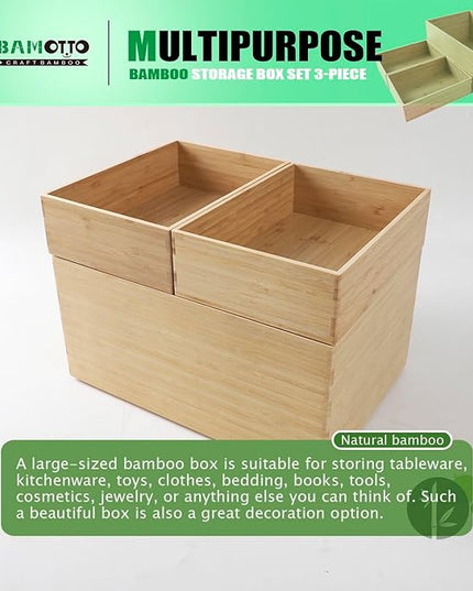 3-Piece Large Bamboo Storage Box Set, 7.1 in High Stackable Deep-Drawer Organizer for Kitchen Cutlery, Utensils & Knives, Exquisite and Durable Lidless Wooden Bin (14.6"x10.2x7.1"*1+10.2"x7.3"x3"*2)