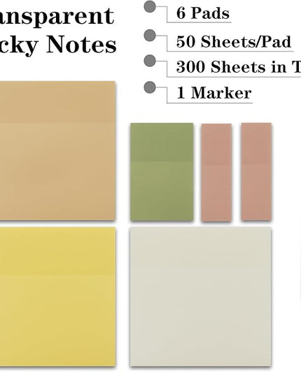 Transparent Sticky Notes, 3"x3" Cute Translucent Page Flags Book Markers Stickers, Planner Accessories Sticky Notes, Office School Bible Journaling Study Supplies